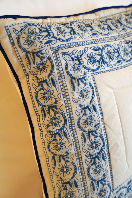 Floral Indigo Bordered Cushion Cover with Embroidery