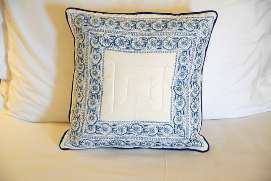 Floral Indigo Bordered Cushion Cover with Embroidery