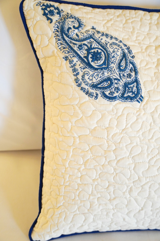 Indigo Paisley Motif Cushion Cover with Embroidery