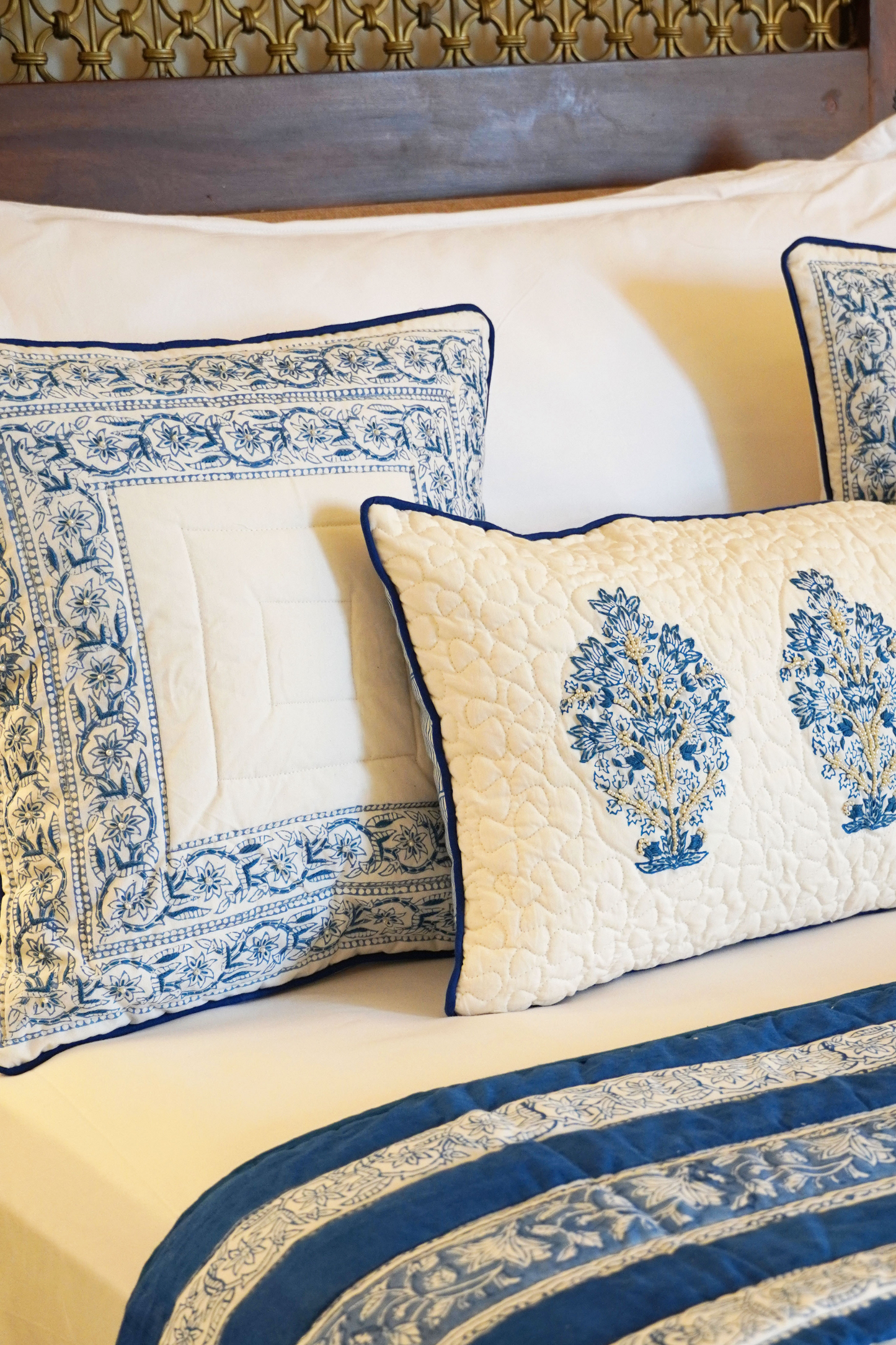 Floral Indigo Bordered Cushion Cover with Embroidery