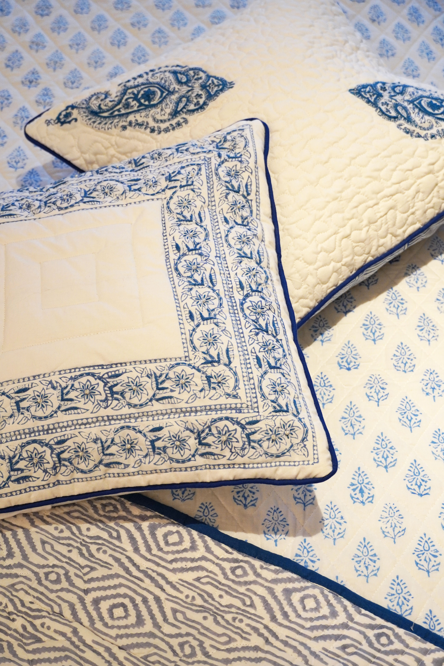Indigo Paisley Motif Cushion Cover with Embroidery